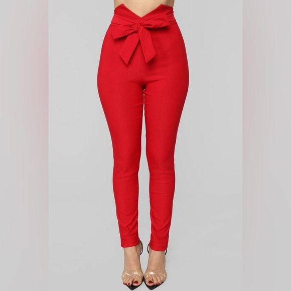 Fashion Nova Red Skinny Pants with Bow Detail - Picture 3 of 10